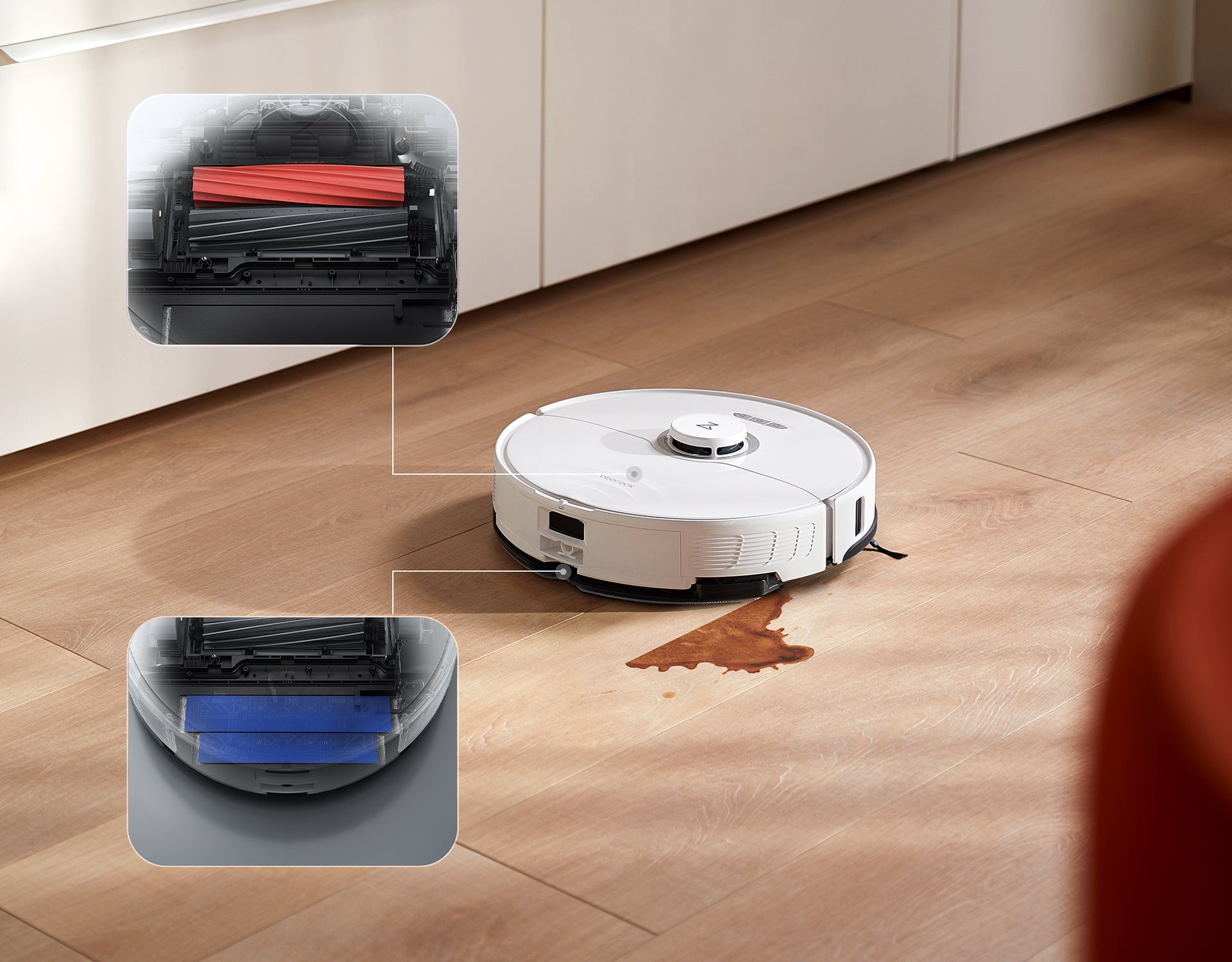 Un robot aspirador Roborock limpiando un derrame en el suelo, con un primer plano de ciertas secciones del dispositivo. Un robot aspirador Roborock limpiando un derrame en el suelo, con un primer plano de ciertas secciones del dispositivo.