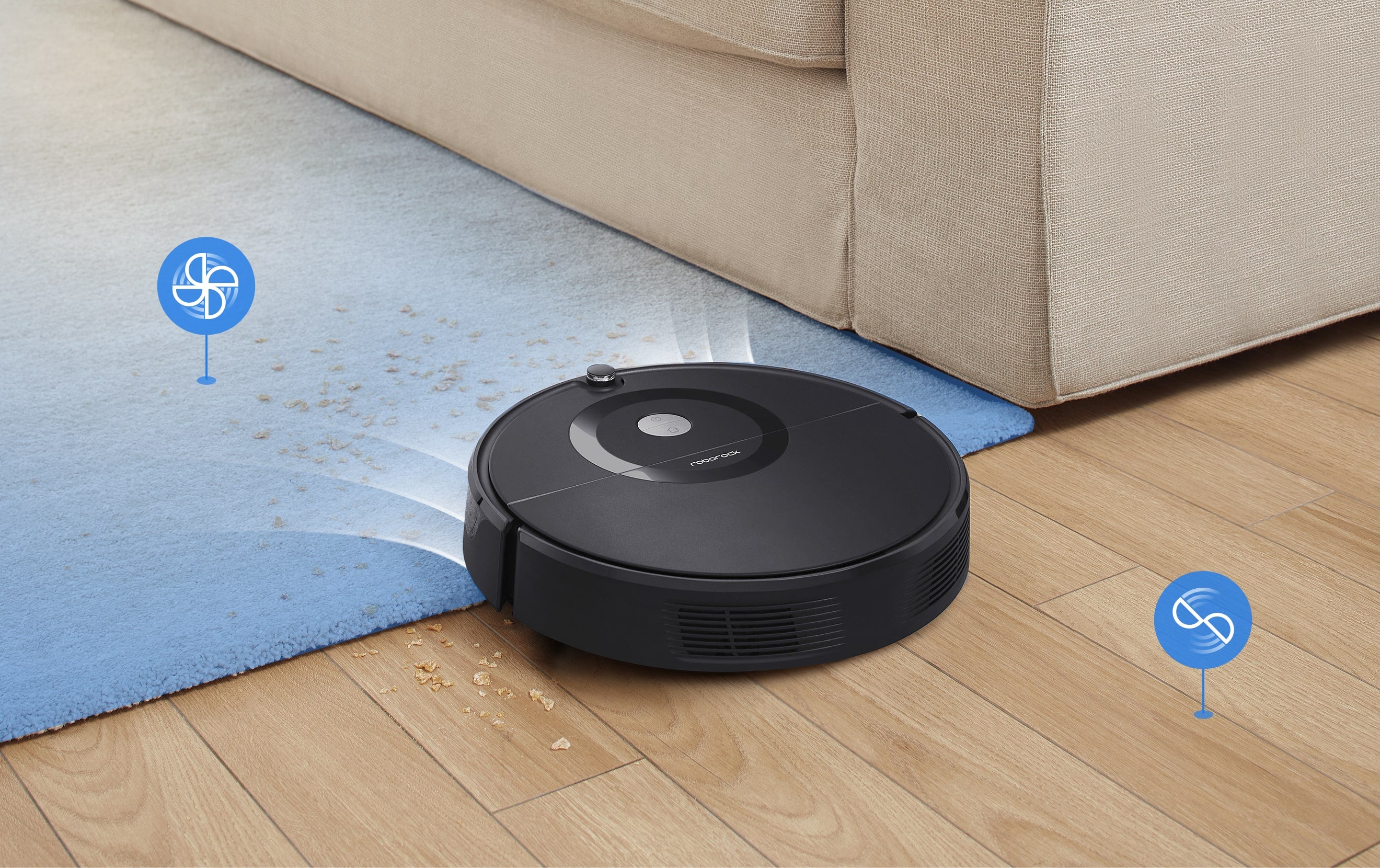 La función de refuerzo automático para alfombras de Roborock E5 aumenta la potencia de succión para ofrecer una limpieza más profunda de alfombras La función de refuerzo automático para alfombras de Roborock E5 aumenta la potencia de succión para ofrecer una limpieza más profunda de alfombras