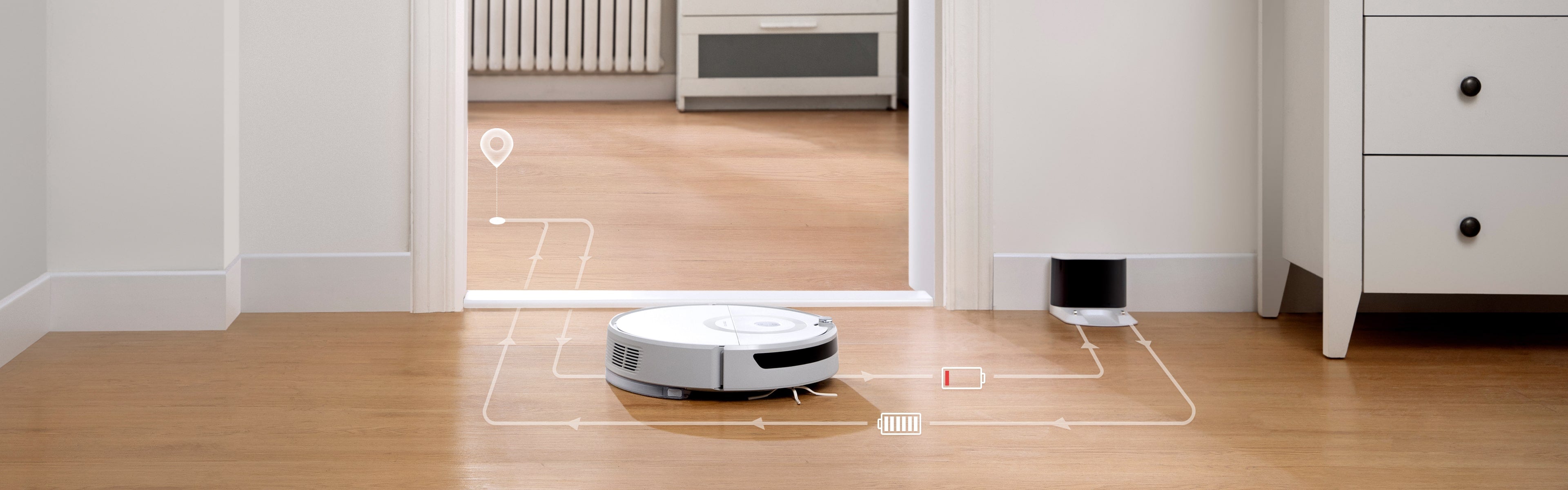 Gracias a su sistema de recarga automática, Roborock E5 puede limpiar grandes superficies Gracias a su sistema de recarga automática, Roborock E5 puede limpiar grandes superficies